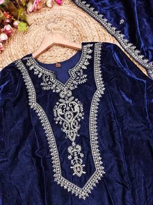 Navyblue velvet embroidered straight kurta pant set with dupatta 3