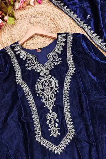 Navyblue velvet embroidered straight kurta pant set with dupatta