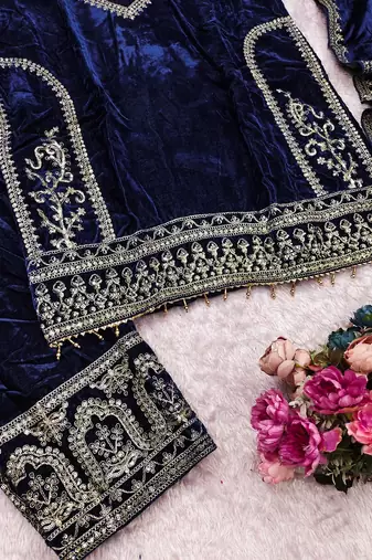 Navyblue velvet embroidered straight kurta pant set with dupatta