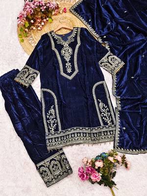 Navyblue velvet embroidered straight kurta pant set with dupatta 5