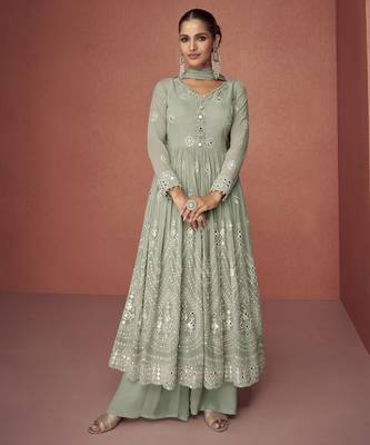 Sage green embroidered georgette anarkali suit set 1