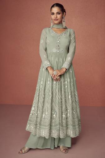 Sage green embroidered georgette anarkali suit set