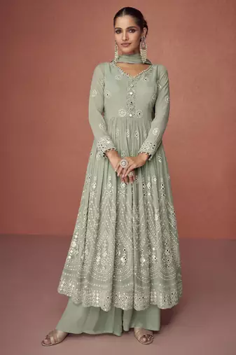 Sage green embroidered georgette anarkali suit set