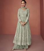 Sage green embroidered georgette anarkali suit set