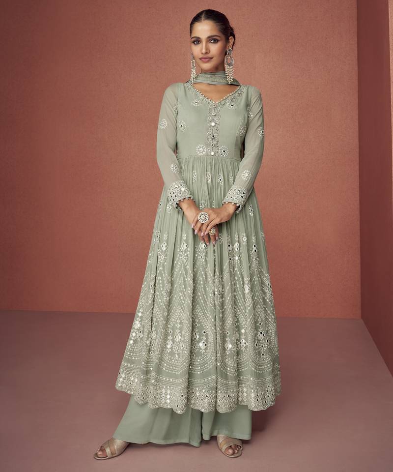 Sage green embroidered georgette anarkali suit set