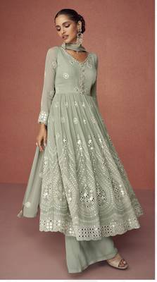 Sage green embroidered georgette anarkali suit set 2