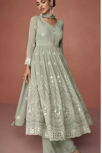 Sage green embroidered georgette anarkali suit set