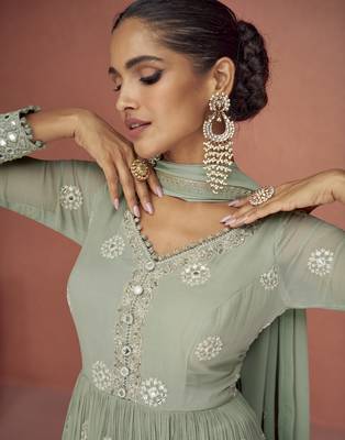 Sage green embroidered georgette anarkali suit set 3