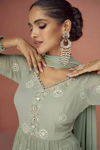 Sage green embroidered georgette anarkali suit set