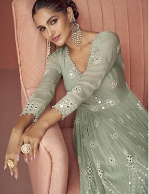 Sage green embroidered georgette anarkali suit set 4