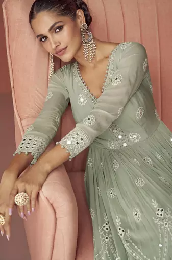 Sage green embroidered georgette anarkali suit set