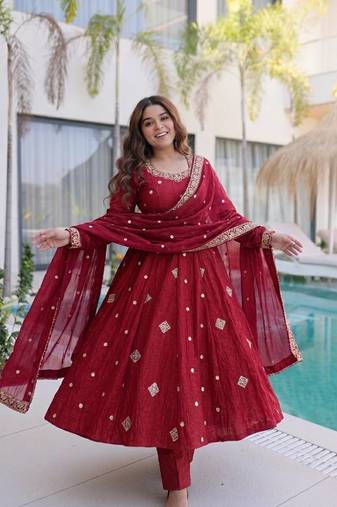 New trendy elegant red embroidered anarkali suit with dupatta