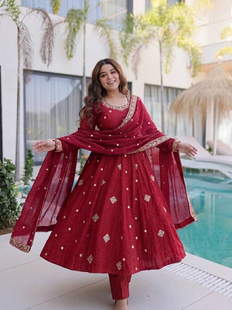 New trendy elegant red embroidered anarkali suit with dupatta
