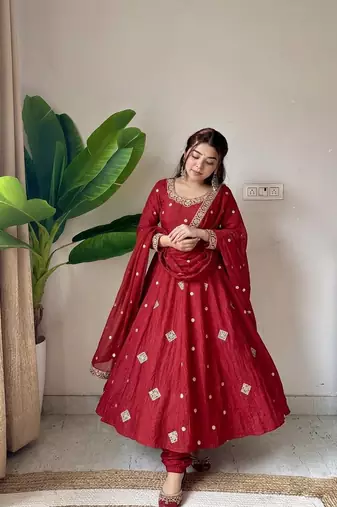 New trendy elegant red embroidered anarkali suit with dupatta