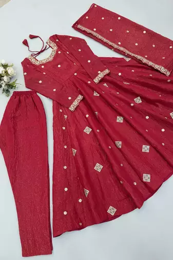 New trendy elegant red embroidered anarkali suit with dupatta