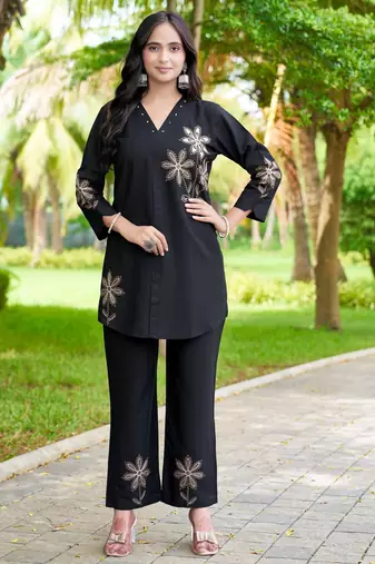  latest  black embroidered kurti with matching pants co-ord set