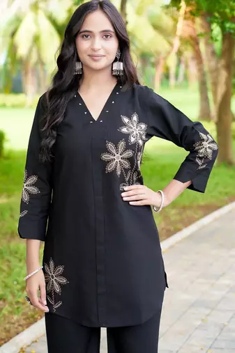  latest  black embroidered kurti with matching pants co-ord set