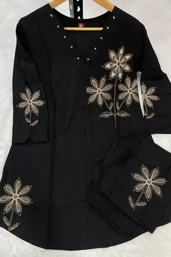  latest  black embroidered kurti with matching pants co-ord set