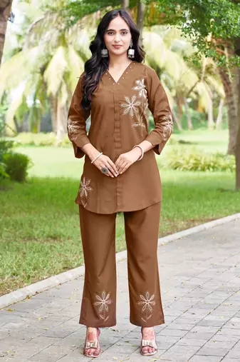 New latest stylish elegant brown embroidered kurti with matching pants co-ord set