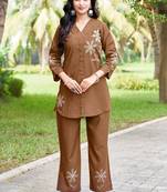 New latest stylish elegant brown embroidered kurti with matching pants co-ord set