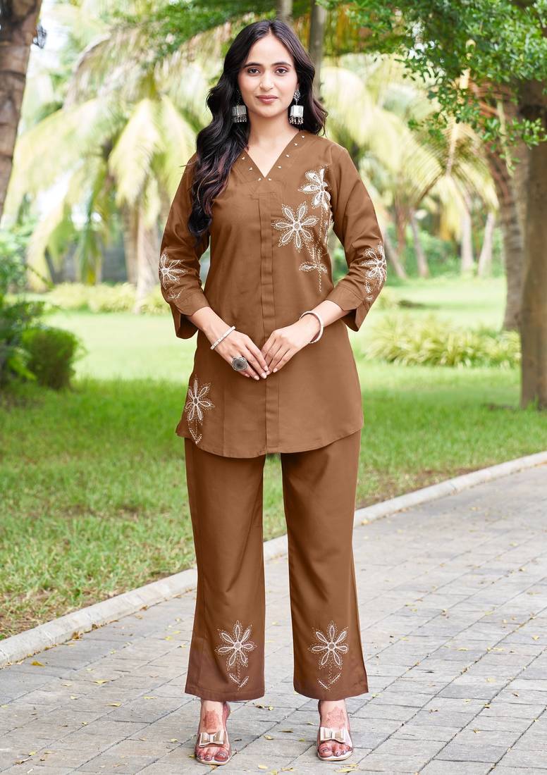New latest stylish elegant brown embroidered kurti with matching pants co-ord set