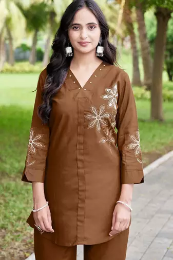 New latest stylish elegant brown embroidered kurti with matching pants co-ord set