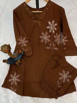 New latest stylish elegant brown embroidered kurti with matching pants co-ord set 3