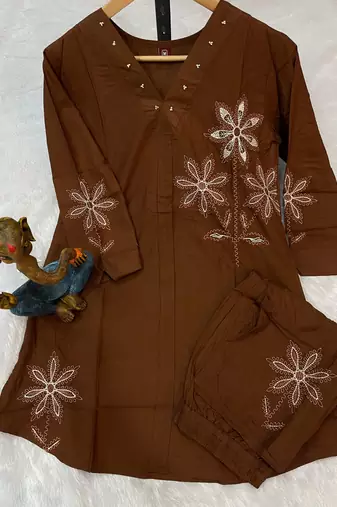 New latest stylish elegant brown embroidered kurti with matching pants co-ord set