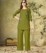Olive green embroidered cotton co-ord set for women