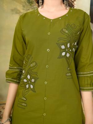 Olive green embroidered cotton co-ord set for women 2