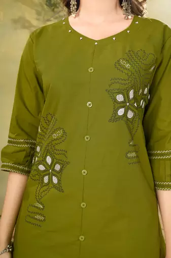 Olive green embroidered cotton co-ord set for women