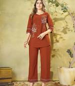 Orange embroidered cotton co-ord set for women
