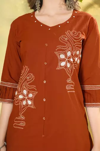 Orange embroidered cotton co-ord set for women