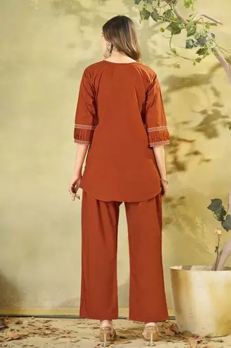 Orange embroidered cotton co-ord set for women