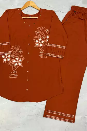 Orange embroidered cotton co-ord set for women