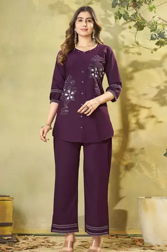 Wine embroidered cotton co-ord set for women