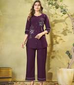 Wine embroidered cotton co-ord set for women