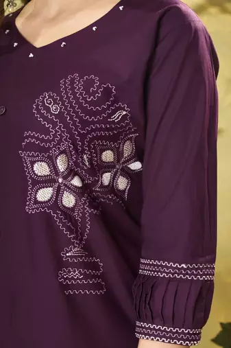 Wine embroidered cotton co-ord set for women