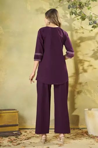 Wine embroidered cotton co-ord set for women