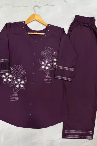 Wine embroidered cotton co-ord set for women