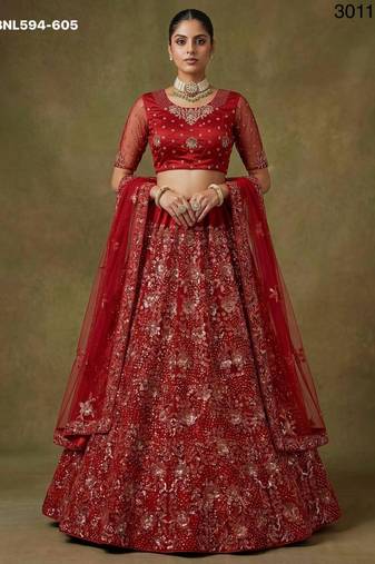 dark red net embroidered lehenga choli