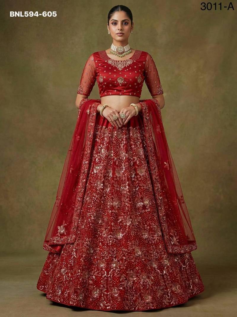 dark red net embroidered lehenga choli