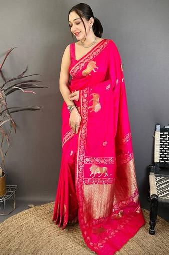 Banarasi silk blend handloom with gold zari saree with blouse