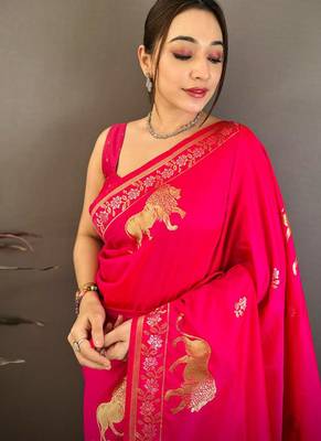 Banarasi silk blend handloom with gold zari saree with blouse 4