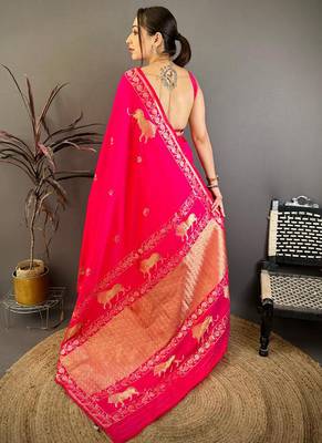 Banarasi silk blend handloom with gold zari saree with blouse 5