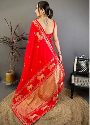 Banarasi silk blend handloom with gold zari saree with blouse 2