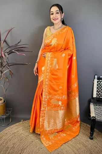 Banarasi silk blend handloom with gold zari saree with blouse