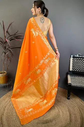 Banarasi silk blend handloom with gold zari saree with blouse