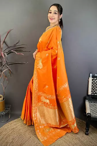 Banarasi silk blend handloom with gold zari saree with blouse