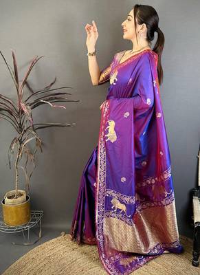 Banarasi silk blend handloom zari saree with blouse 5